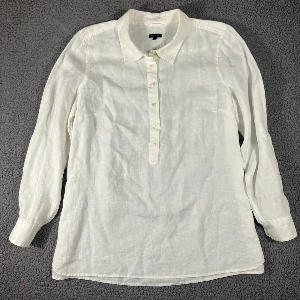 Talbots White 100% Linen Popover Blouse Long Sleeve Button Side Top XL